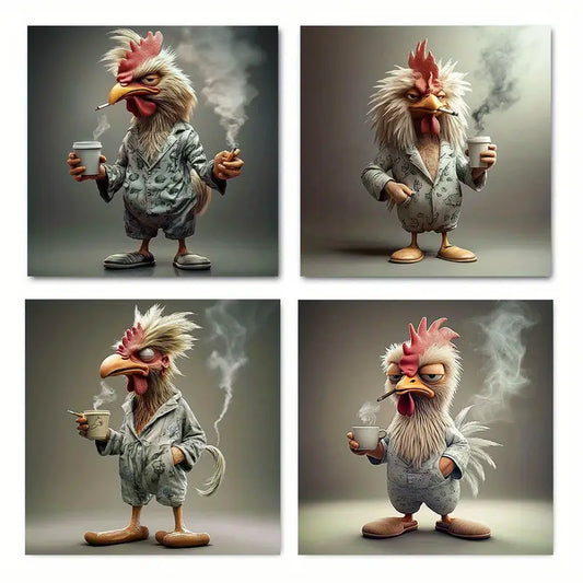 4pcs  Bird With Coffee Canvas Wall Art Canvas Framed