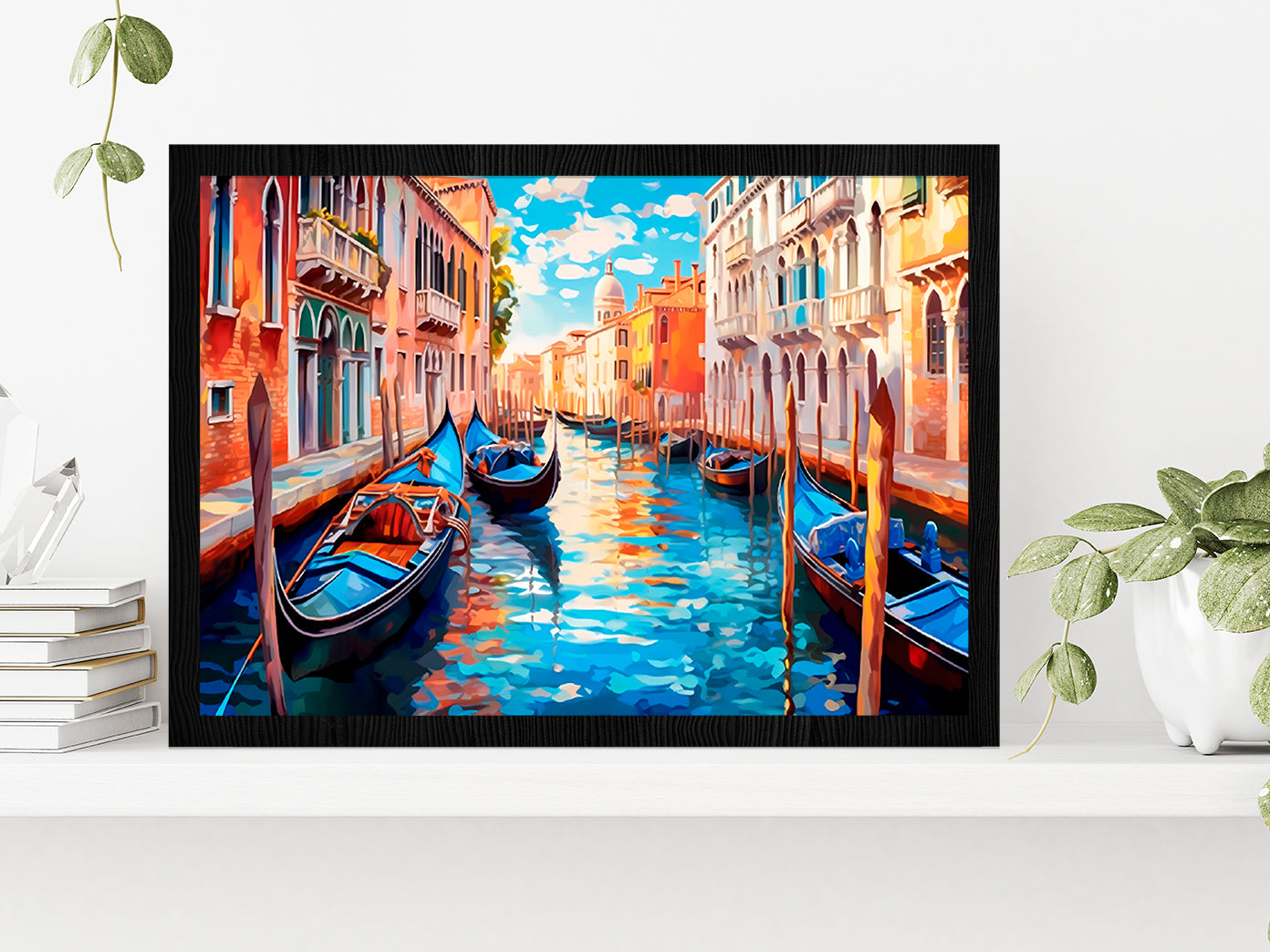 Boats With City Of Venice Painting Glass Framed Wall Art, Ready to Hang Quality Print Without White Border Black