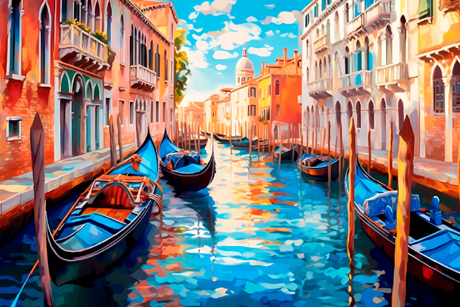 Boats With City Of Venice Painting Glass Framed Wall Art, Ready to Hang Quality Print