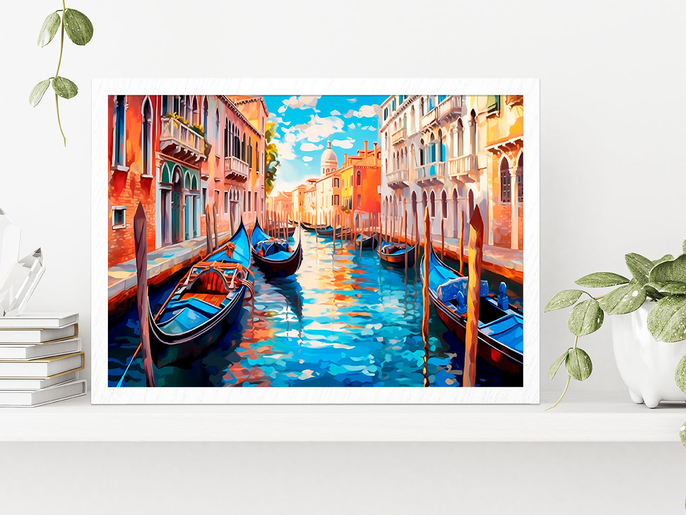 Boats With City Of Venice Painting Glass Framed Wall Art, Ready to Hang Quality Print Without White Border White