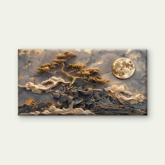 Golden Tree Under Full Moon Wall Art Canvas Office Home Room Framed 120x60cm - Bella Home Decor