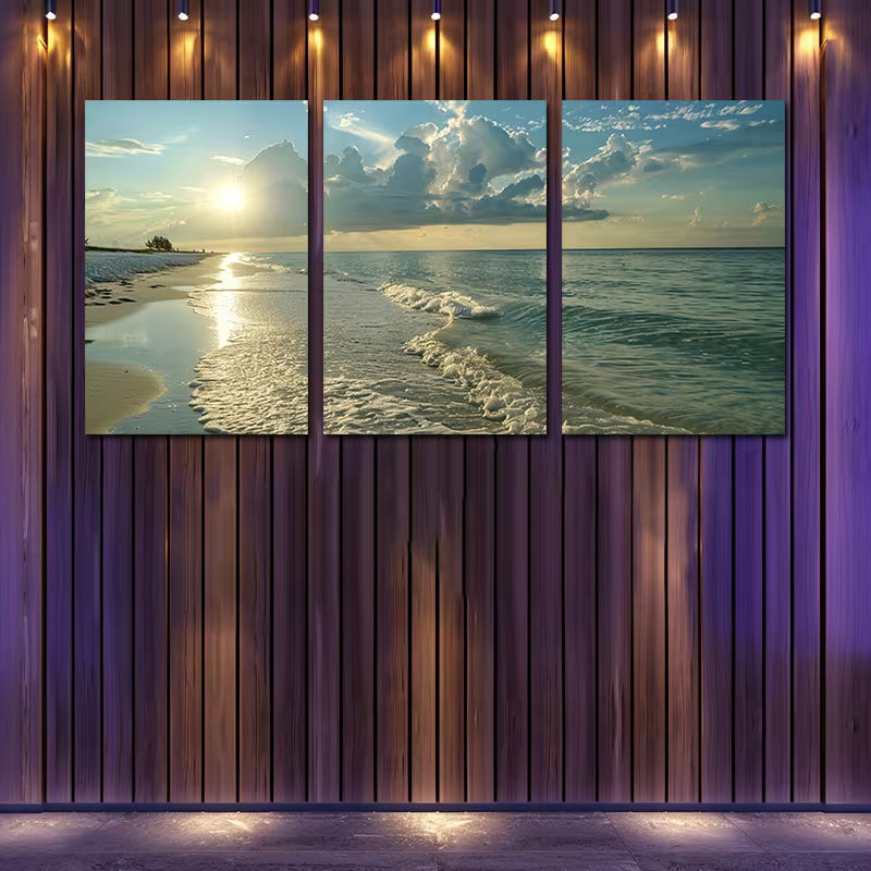 3pcs Secluded Beach at Dawn Wall Art Set Canvas Framed 50x70cm - High Quality Print 100% Australian Made Wall Canvas Ready to Hang