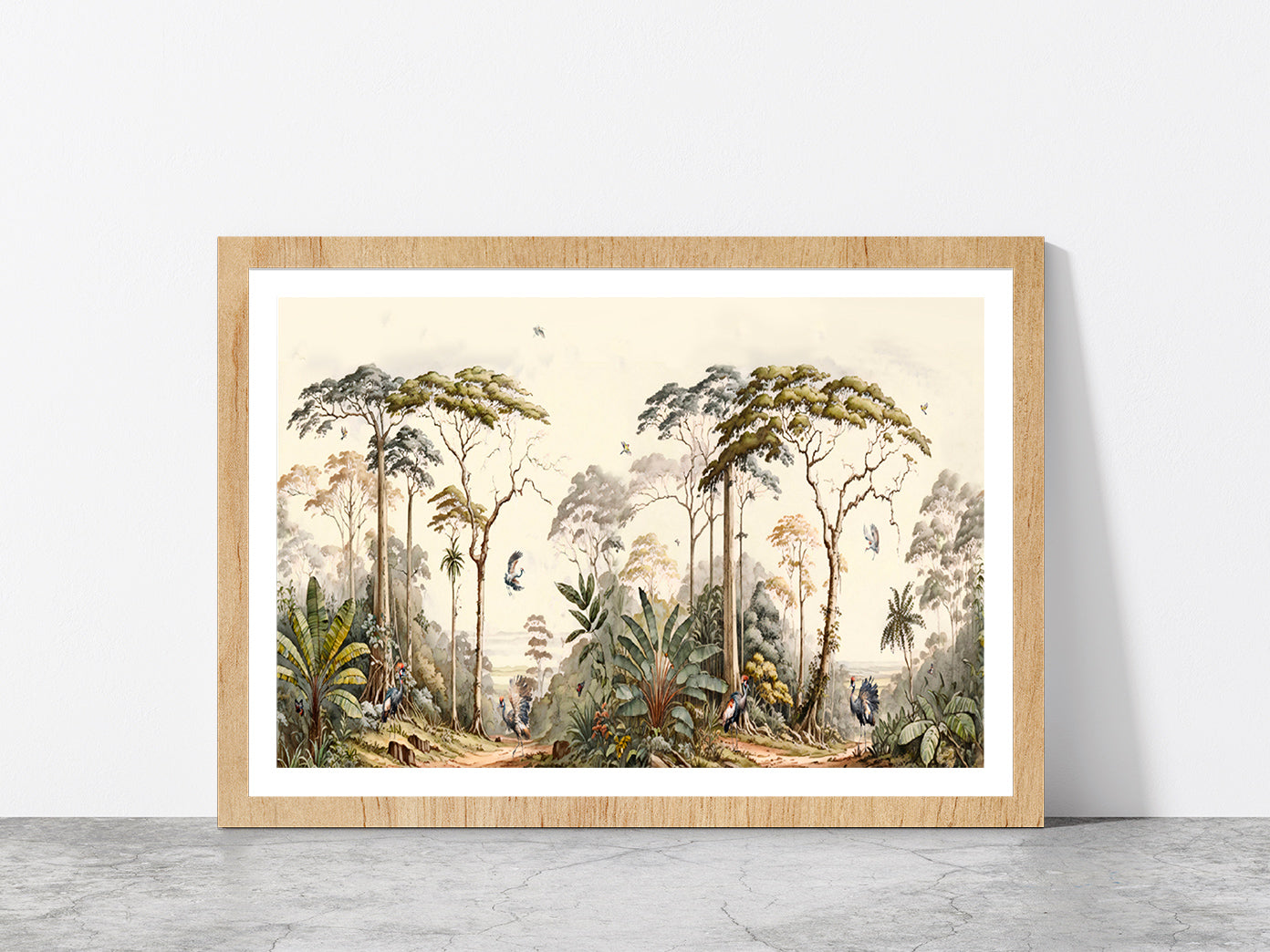 Forest Landscape With Birds Painting Glass Framed Wall Art, Ready to Hang Quality Print With White Border Oak