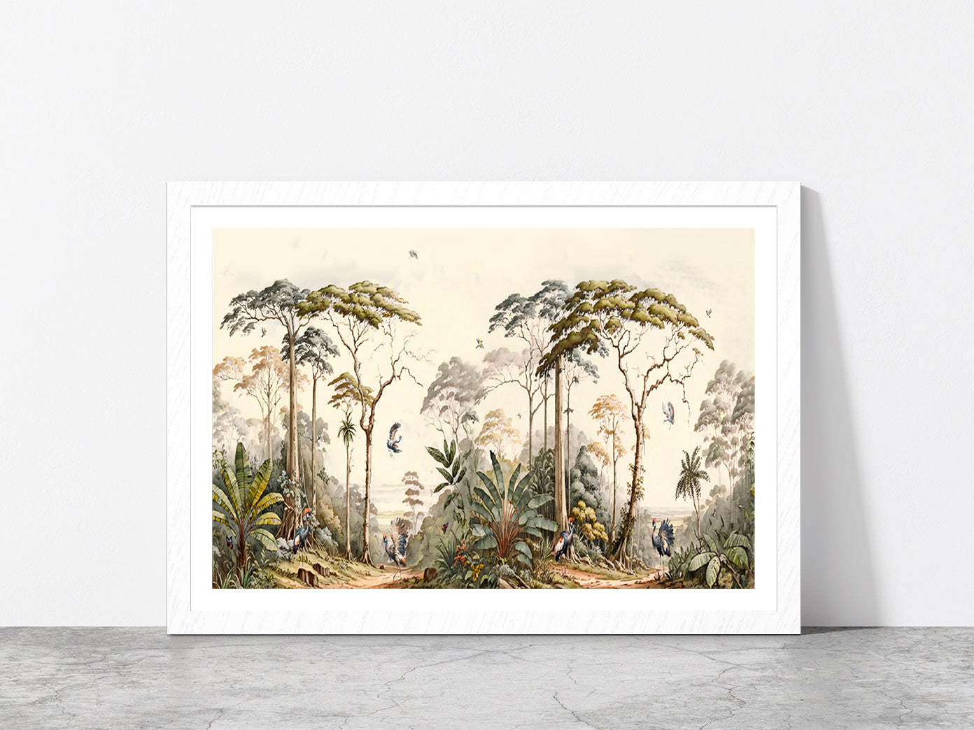 Forest Landscape With Birds Painting Glass Framed Wall Art, Ready to Hang Quality Print With White Border White