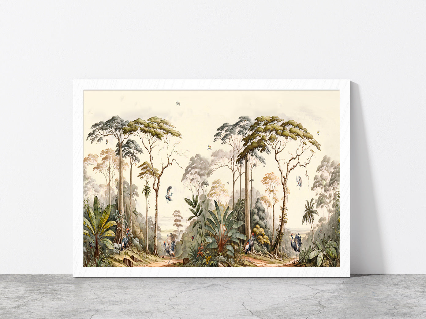 Forest Landscape With Birds Painting Glass Framed Wall Art, Ready to Hang Quality Print Without White Border White