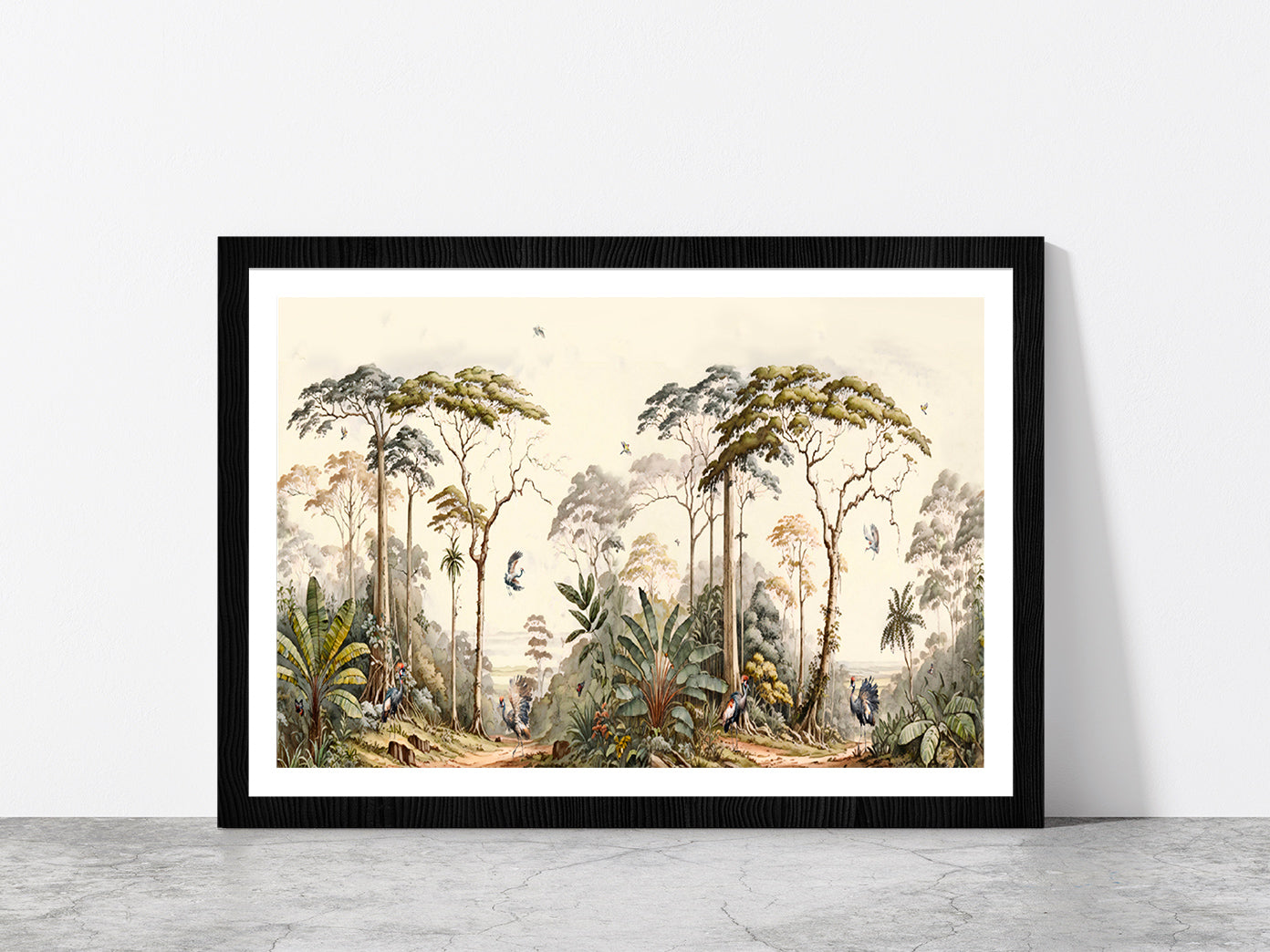 Forest Landscape With Birds Painting Glass Framed Wall Art, Ready to Hang Quality Print With White Border Black