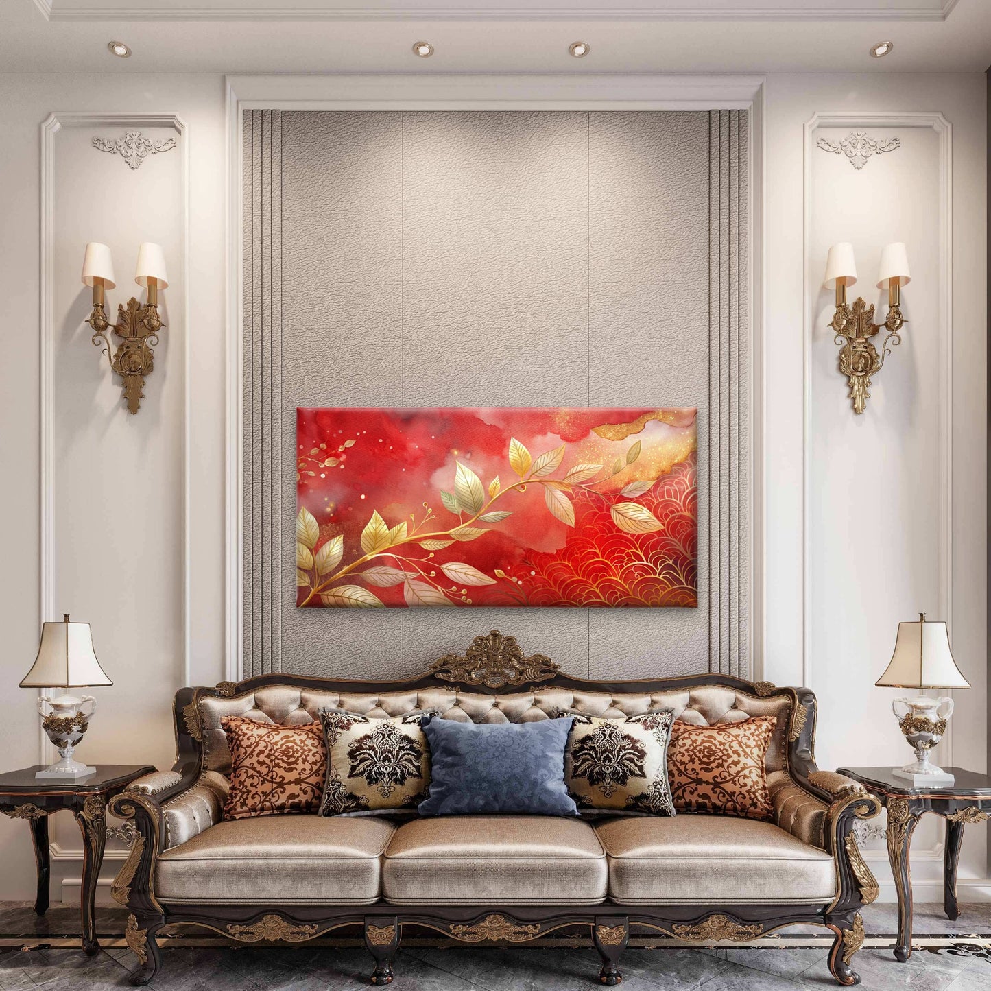 Golden Leaves Red Sky Wall Art Canvas Office Home Room Framed 120x60cm