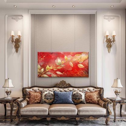 Golden Leaves Red Sky Wall Art Canvas Office Home Room Framed 120x60cm