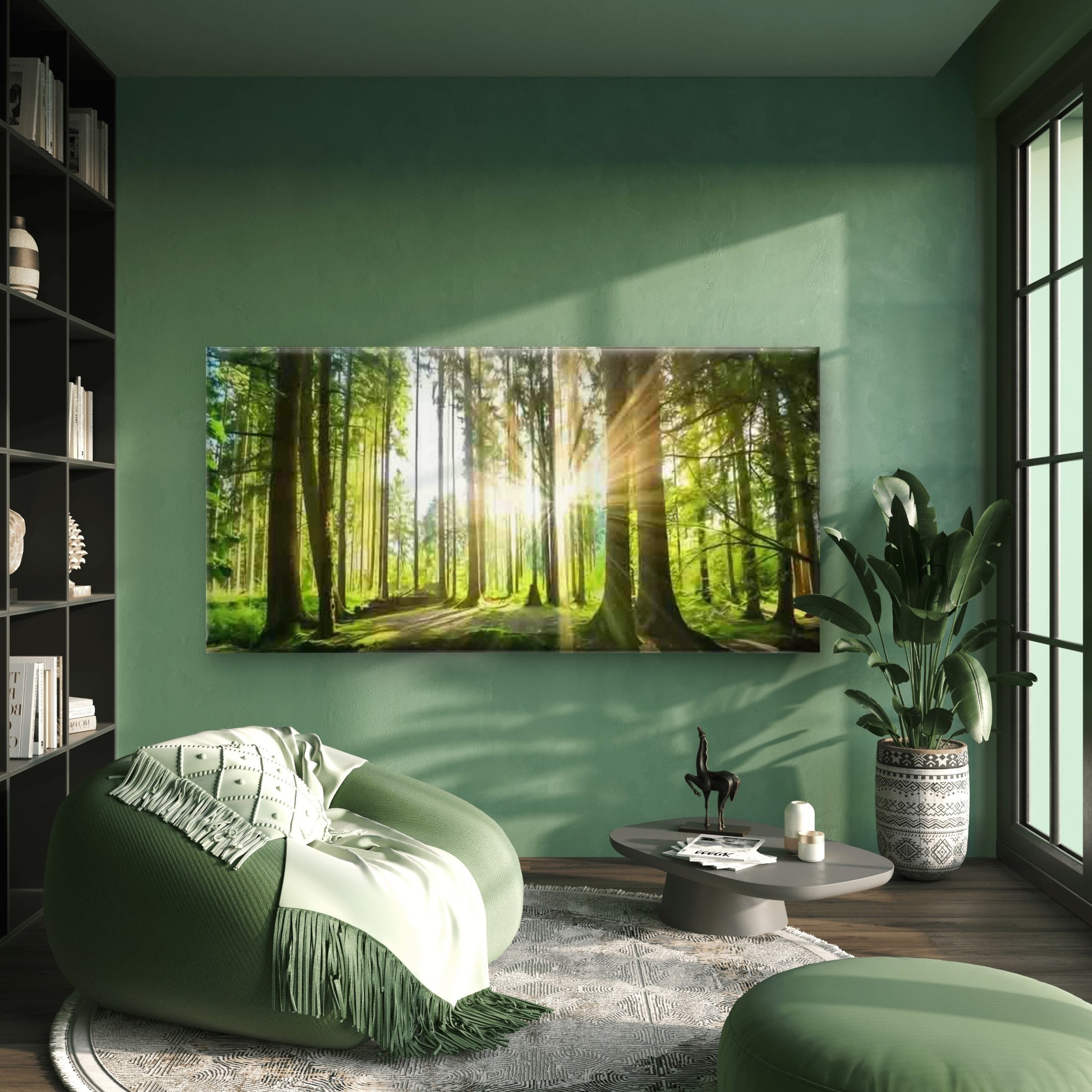 Sunlit Green Forest Landscape Wall Art Canvas Office Home Room Framed 120x60cm - Bella Home Decor