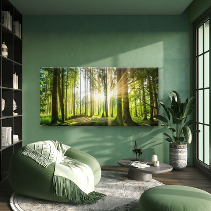 Sunlit Green Forest Landscape Wall Art Canvas Office Home Room Framed 120x60cm - Bella Home Decor