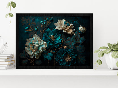 Painted Flowers Dark Moody Glass Framed Wall Art, Ready to Hang Quality Print Without White Border Black