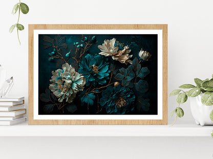 Painted Flowers Dark Moody Glass Framed Wall Art, Ready to Hang Quality Print With White Border Oak