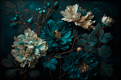 Painted Flowers Dark Moody Glass Framed Wall Art, Ready to Hang Quality Print