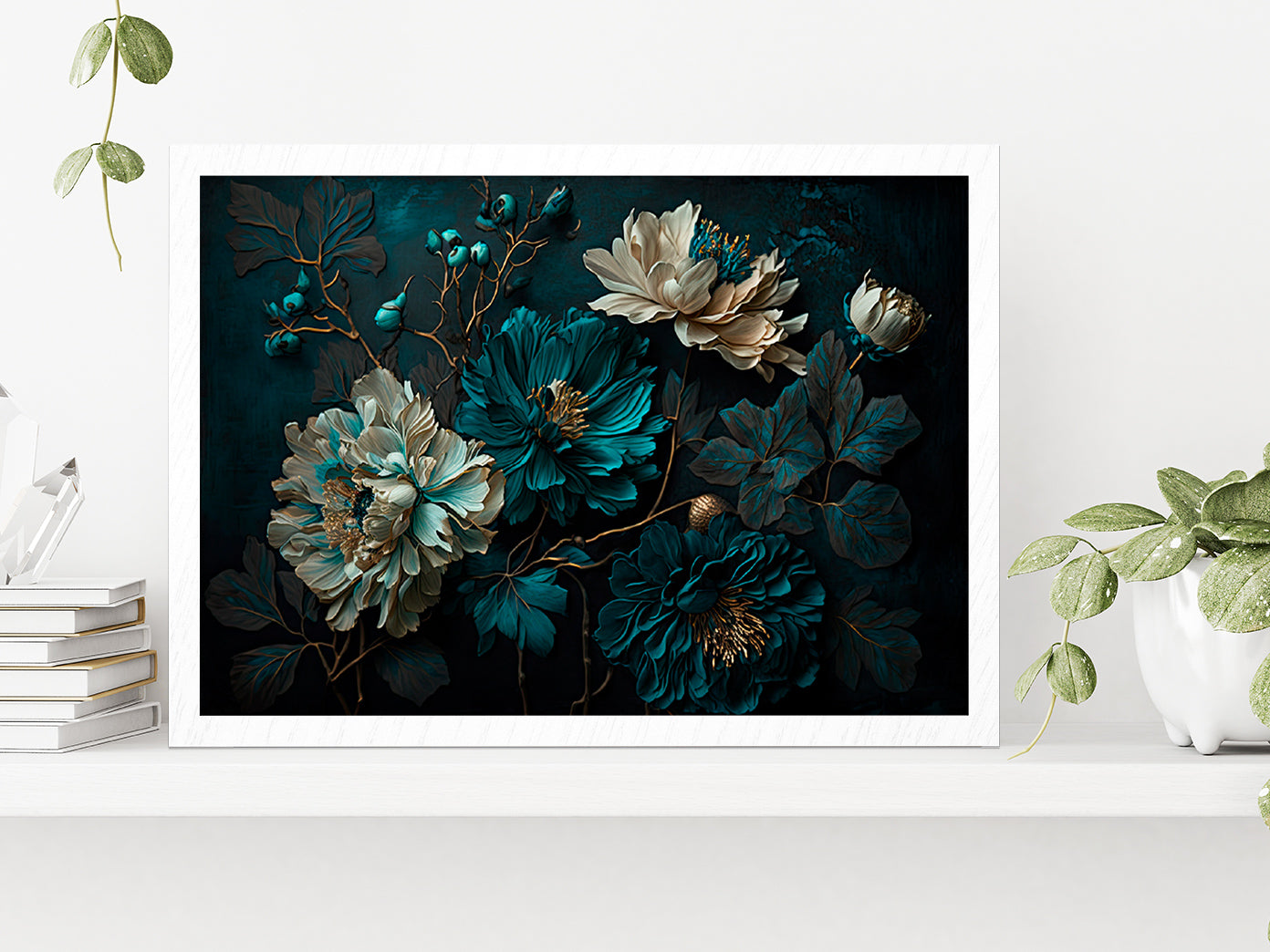 Painted Flowers Dark Moody Glass Framed Wall Art, Ready to Hang Quality Print Without White Border White