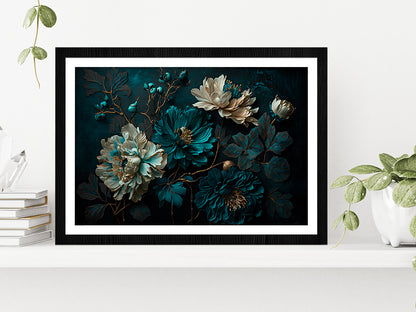 Painted Flowers Dark Moody Glass Framed Wall Art, Ready to Hang Quality Print With White Border Black