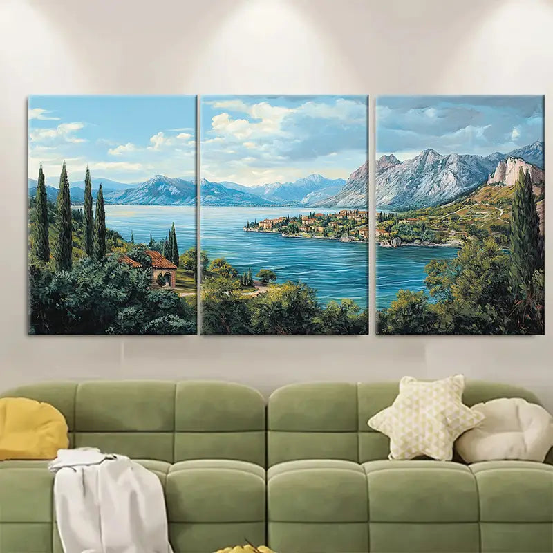 3pcs Lake Garda Italian Scenic Landscape Wall Art Set Canvas Framed 50x70cm - High Quality Print 100% Australian Made Wall Canvas Ready to Hang