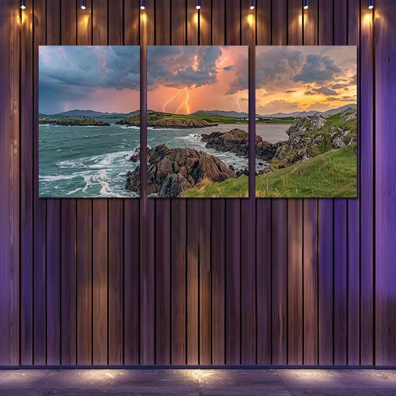 3pcs Stormy Coastline Illustration Wall Art Set Canvas Framed 50x70cm - High Quality Print 100% Australian Made Wall Canvas Ready to Hang