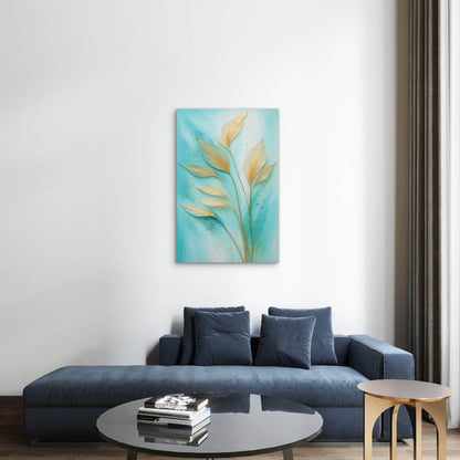 Teal Turquoise Gold Leaf Botanical Branch 40x60cm Metal Print Ready to Hang