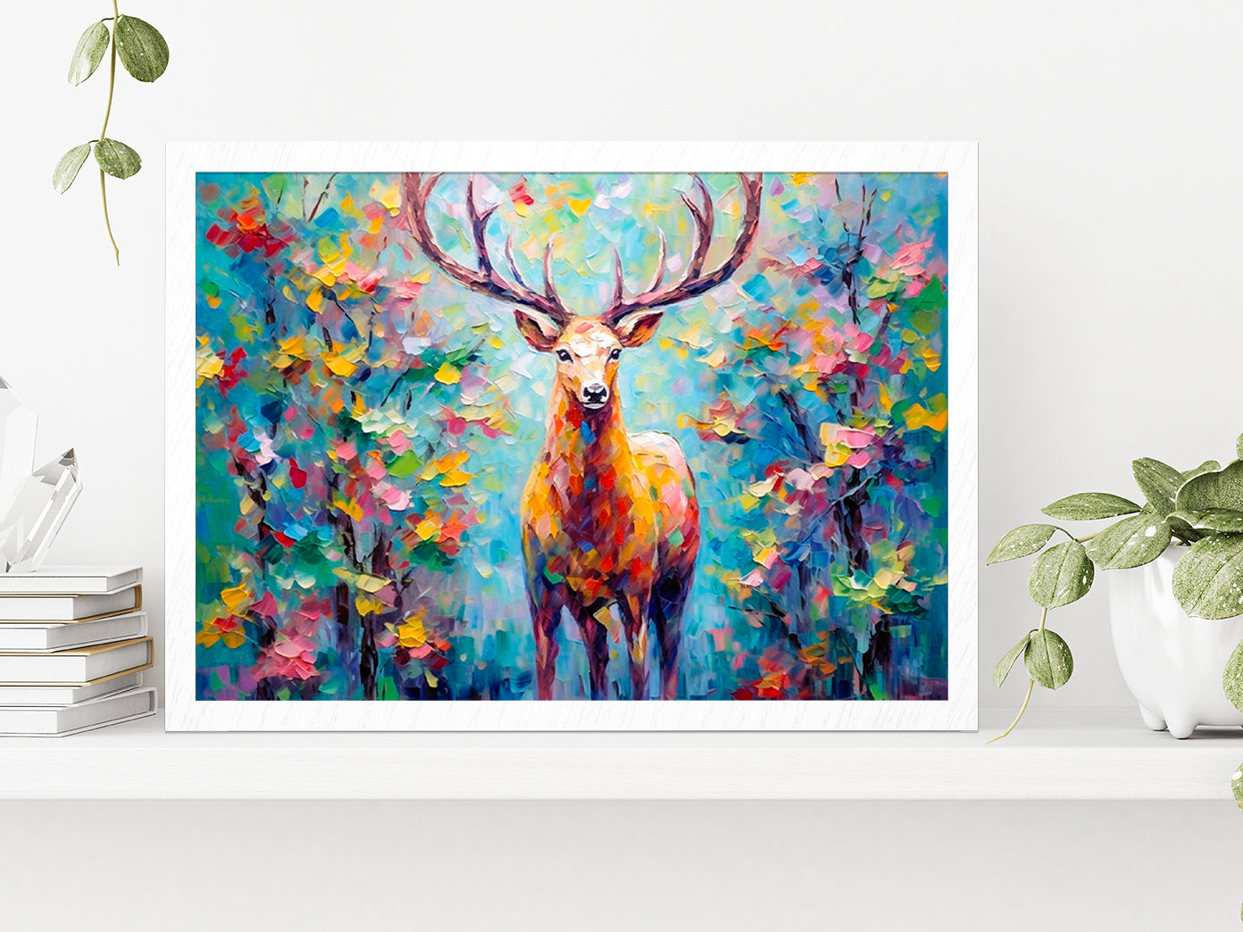 Colorful Deer In The Forest Painting Glass Framed Wall Art, Ready to Hang Quality Print Without White Border White