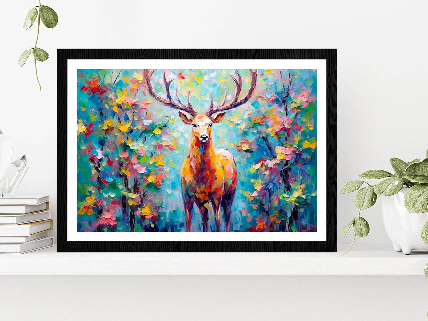 Colorful Deer In The Forest Painting Glass Framed Wall Art, Ready to Hang Quality Print With White Border Black