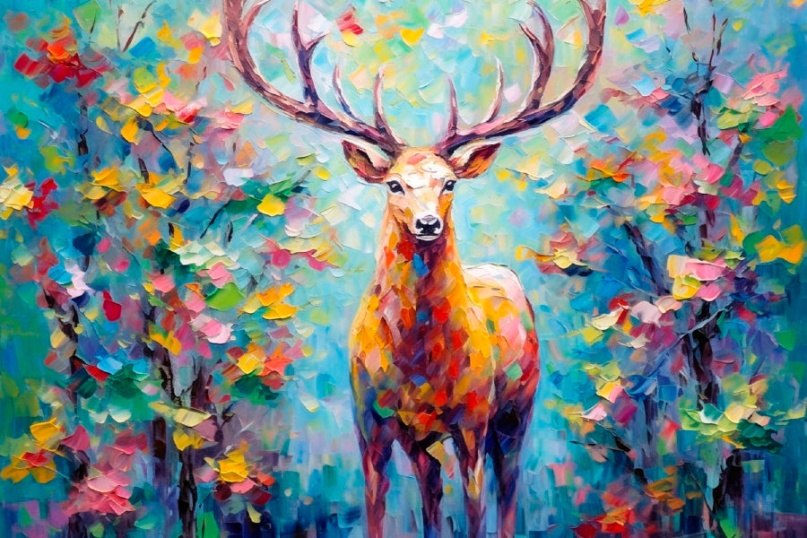 Colorful Deer In The Forest Painting Glass Framed Wall Art, Ready to Hang Quality Print