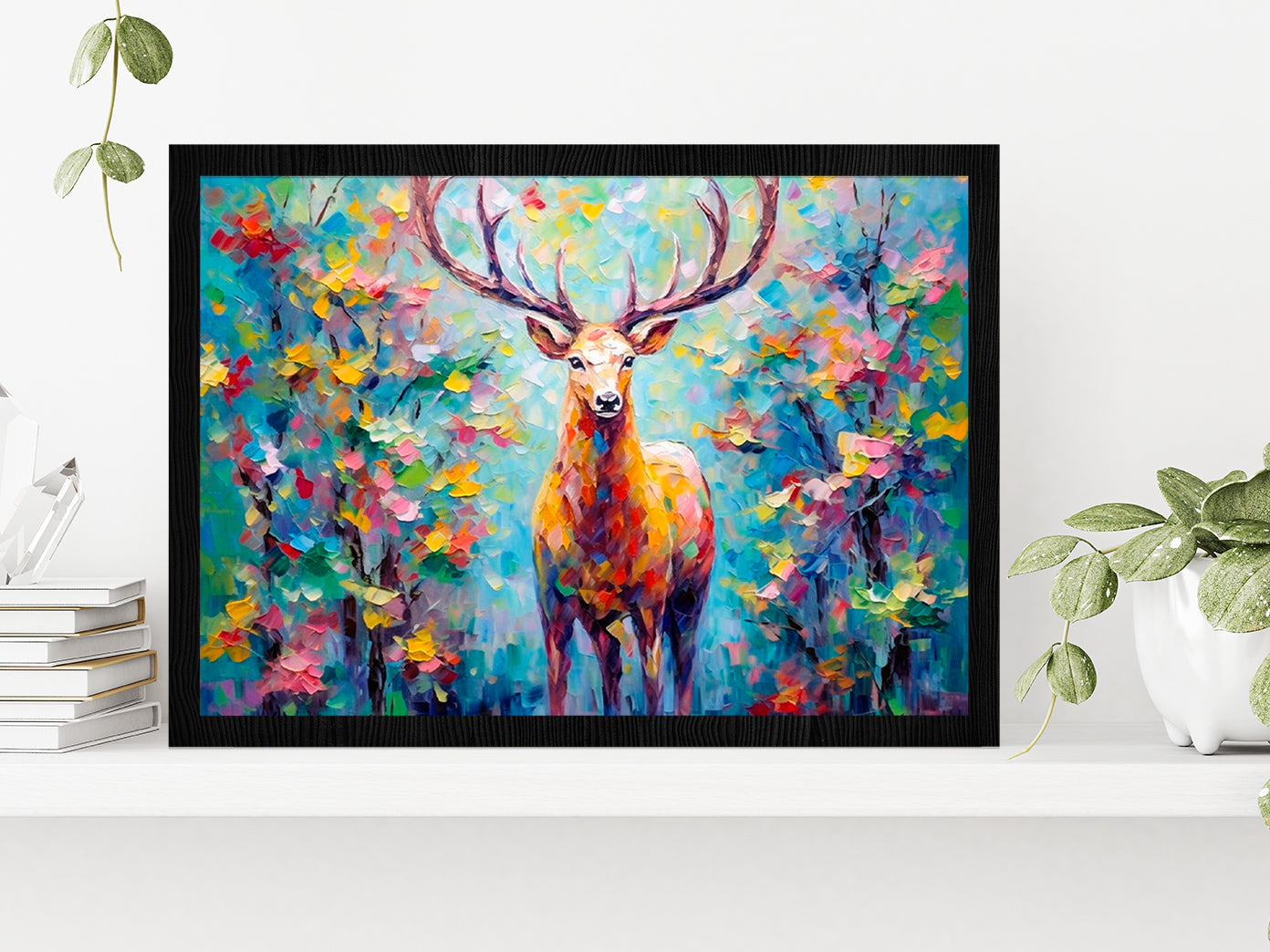 Colorful Deer In The Forest Painting Glass Framed Wall Art, Ready to Hang Quality Print Without White Border Black