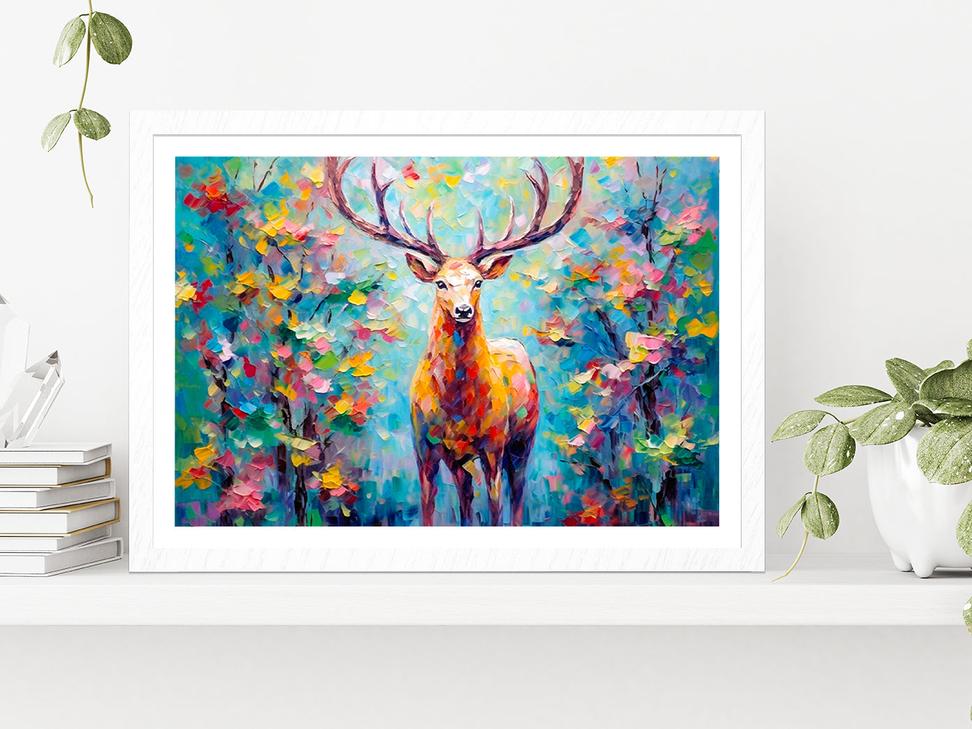 Colorful Deer In The Forest Painting Glass Framed Wall Art, Ready to Hang Quality Print With White Border White