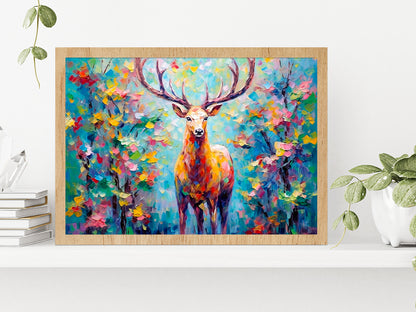 Colorful Deer In The Forest Painting Glass Framed Wall Art, Ready to Hang Quality Print Without White Border Oak