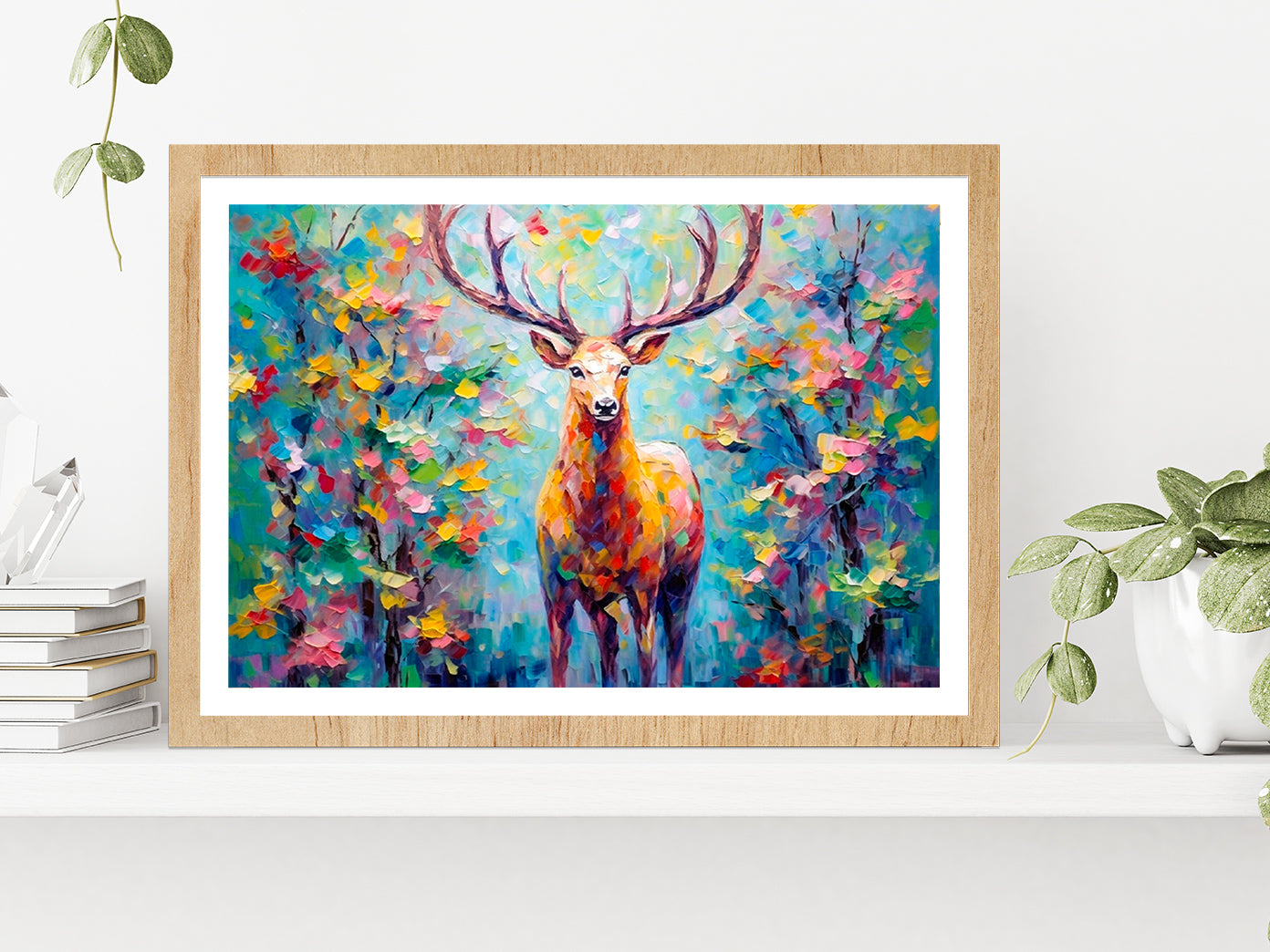 Colorful Deer In The Forest Painting Glass Framed Wall Art, Ready to Hang Quality Print With White Border Oak