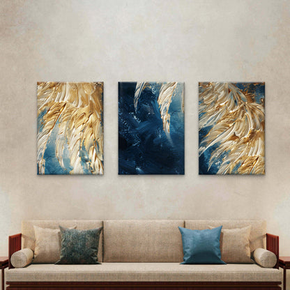 3pcs Navy Blue Gold Foil Feather Abstract   Wall Art Set Canvas Framed 60x90cm - High Quality Print 100% Australian Made Wall Canvas Ready to Hang