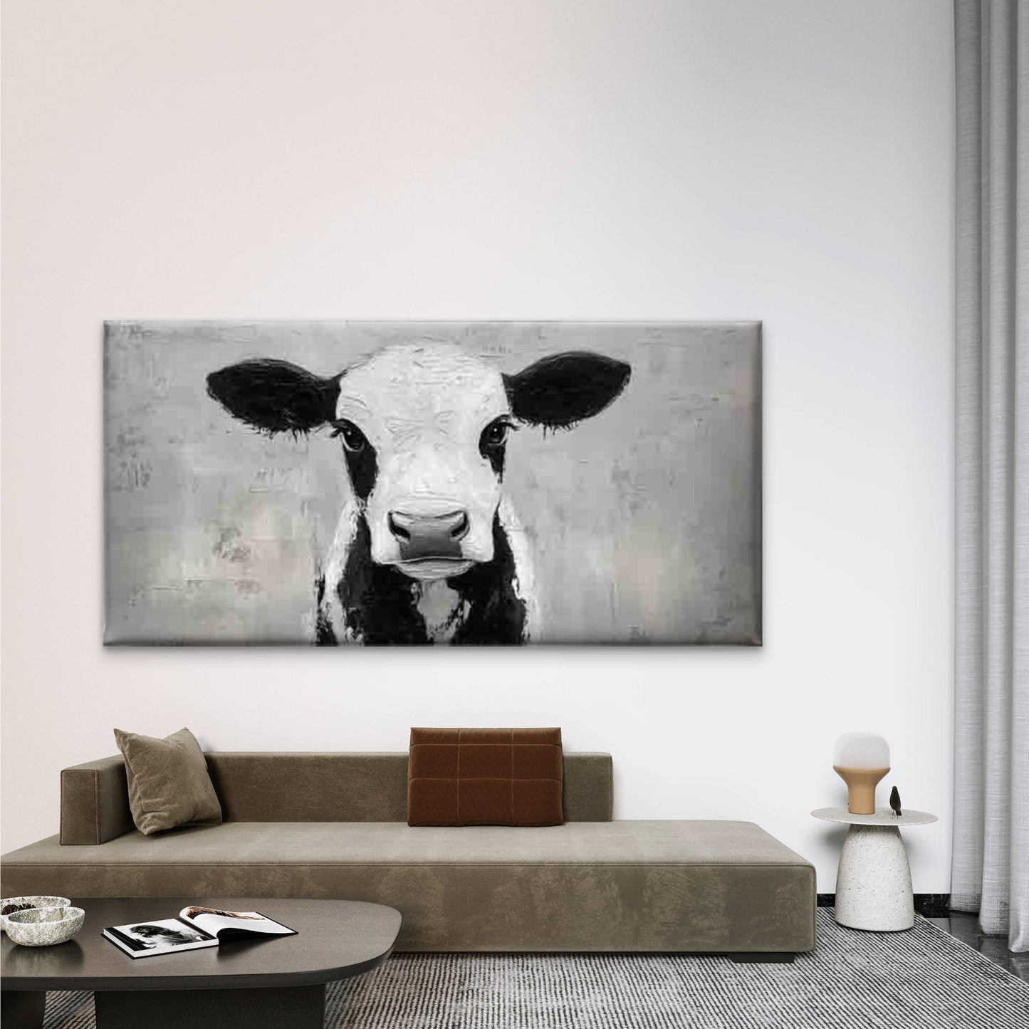 Vintage Grey Cow Portrait Wall Art Canvas Office Home Room Framed 120x60cm