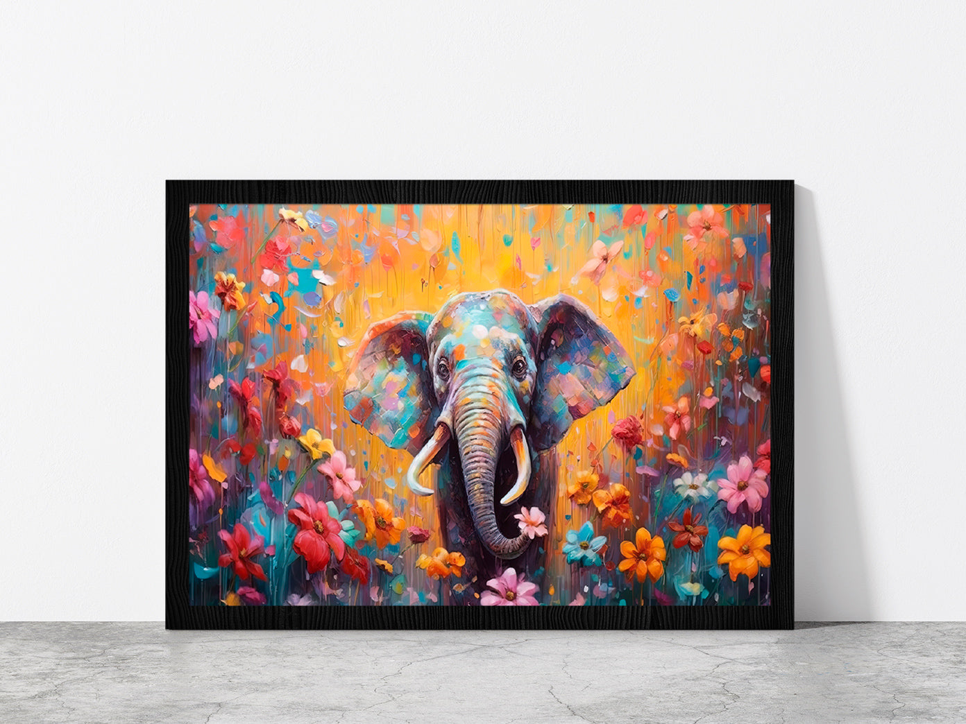 Elephant In Flower Blossom Painting Glass Framed Wall Art, Ready to Hang Quality Print Without White Border Black