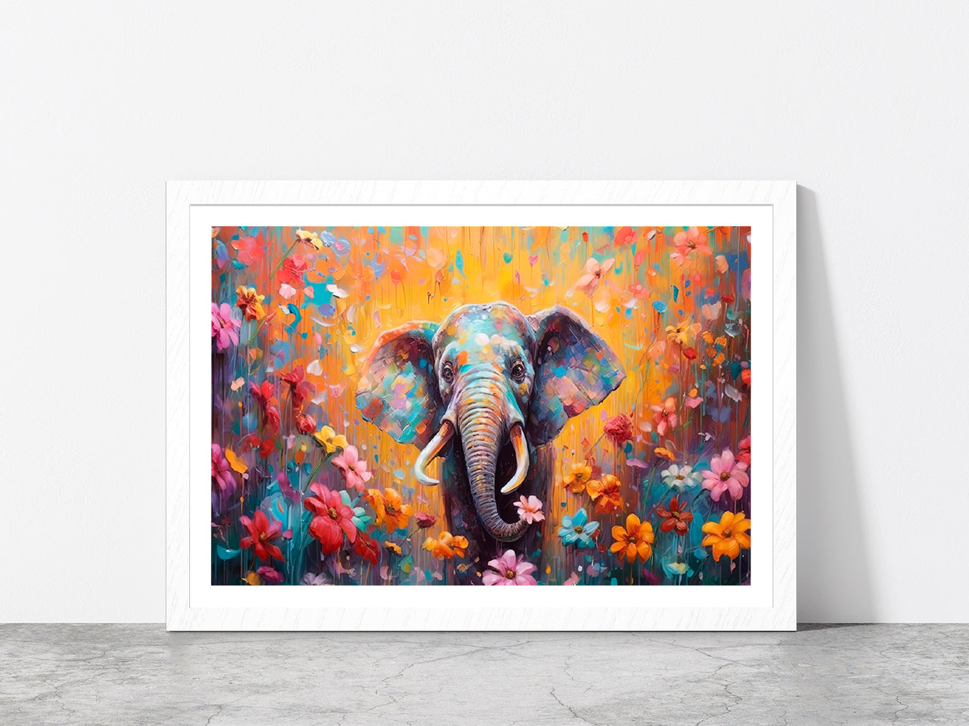 Elephant In Flower Blossom Painting Glass Framed Wall Art, Ready to Hang Quality Print With White Border White