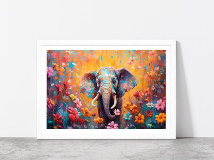 Elephant In Flower Blossom Painting Glass Framed Wall Art, Ready to Hang Quality Print With White Border White