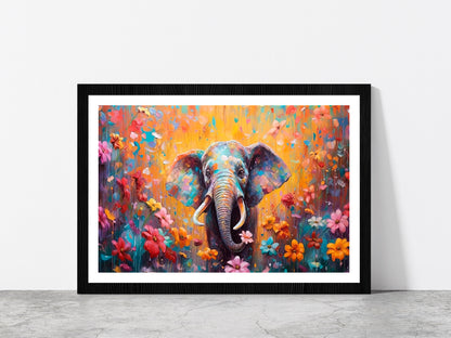 Elephant In Flower Blossom Painting Glass Framed Wall Art, Ready to Hang Quality Print With White Border Black