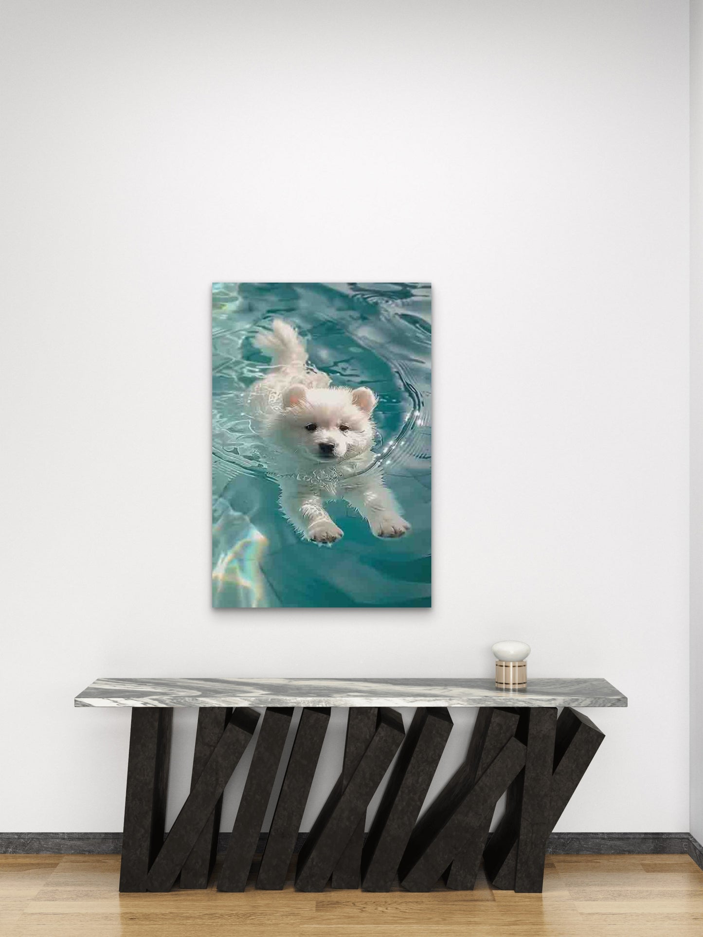 White Puppy Swimming in Water 60x90cm Metal Print Ready to Hang