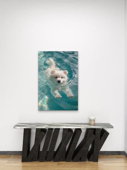 White Puppy Swimming in Water 60x90cm Metal Print Ready to Hang