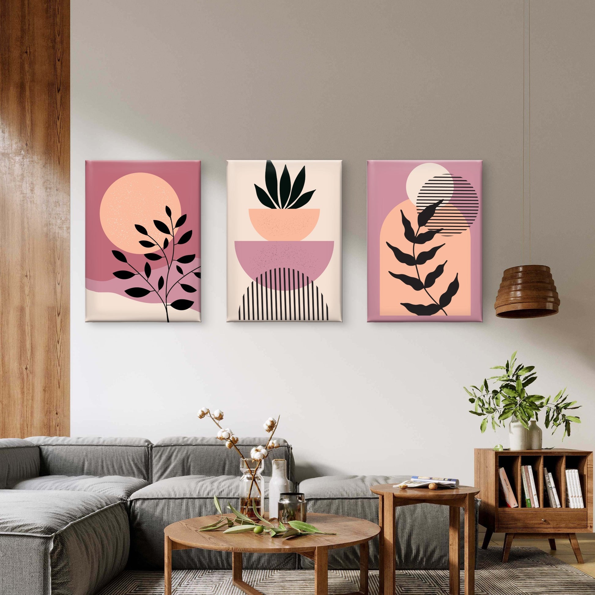 3pcs Abstract Pastel Dusty Rose Plant Silhouette Wall Art Set Canvas Framed 40x60cm - High Quality Print 100% Australian Made Wall Canvas Ready to Hang