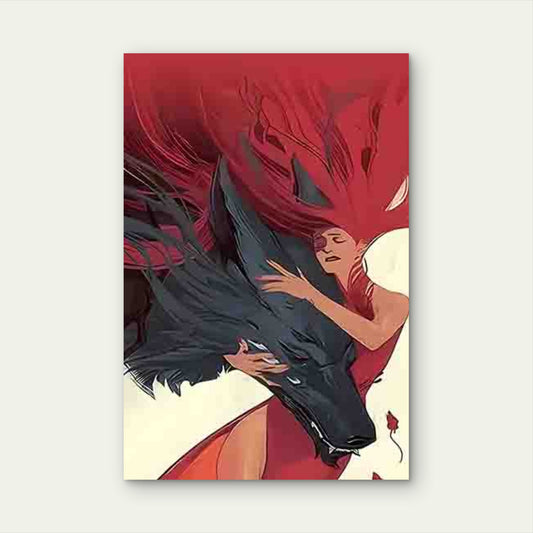 Red-Clothed Woman Embracing a Black Wolf 60x90cm Metal Print Ready to Hang