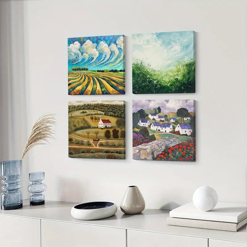 4pcs Blue Sky Paintings, Golden Yellow  Wall Art Canvas Framed