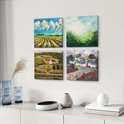 4pcs Blue Sky Paintings, Golden Yellow  Wall Art Canvas Framed
