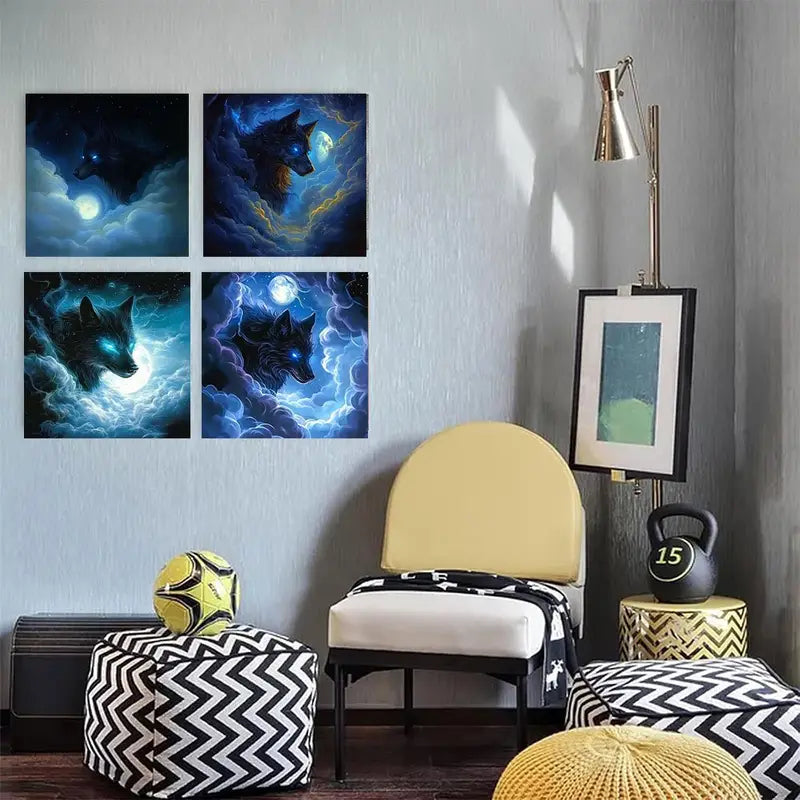 4pcs Blue Wolf under the moon Suitable  FG  Wall Art Canvas Framed