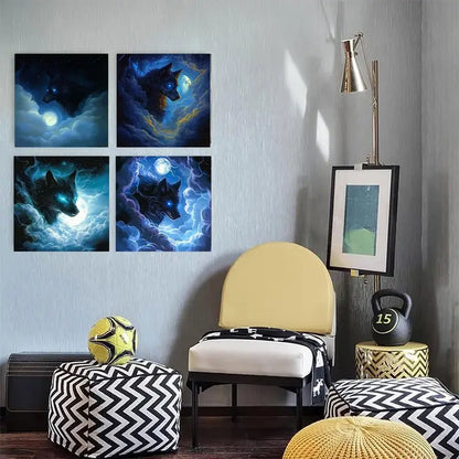4pcs Blue Wolf under the moon Suitable  FG  Wall Art Canvas Framed
