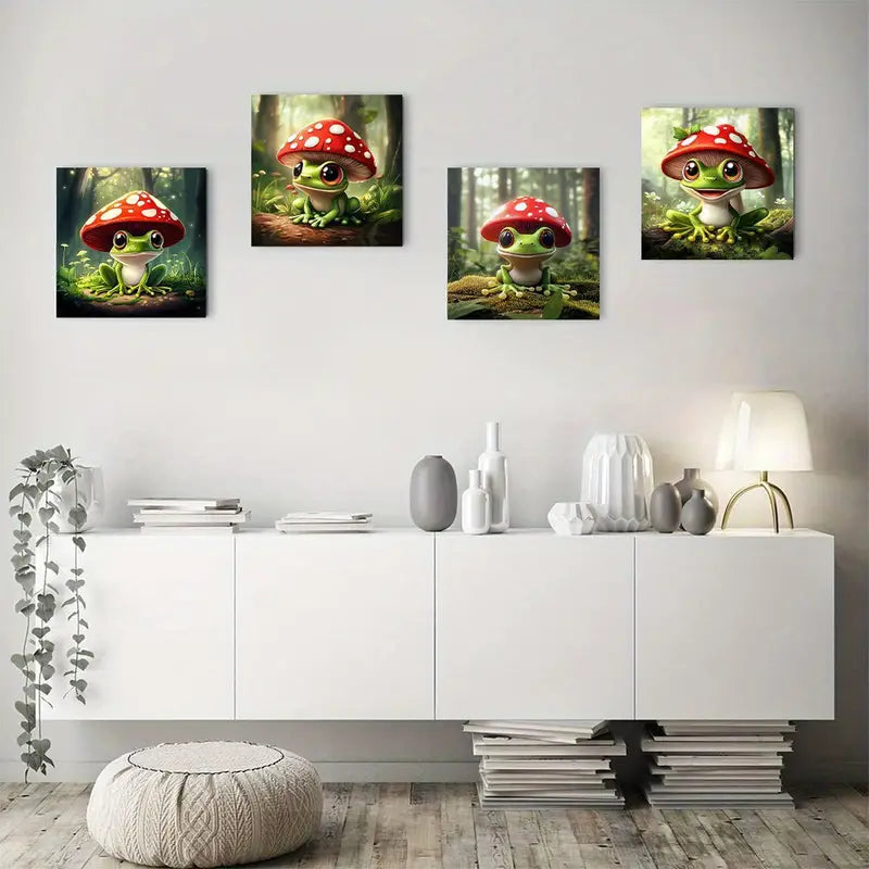 4pcs Frog Mushroom Elegant Modern Wall Art Canvas Framed