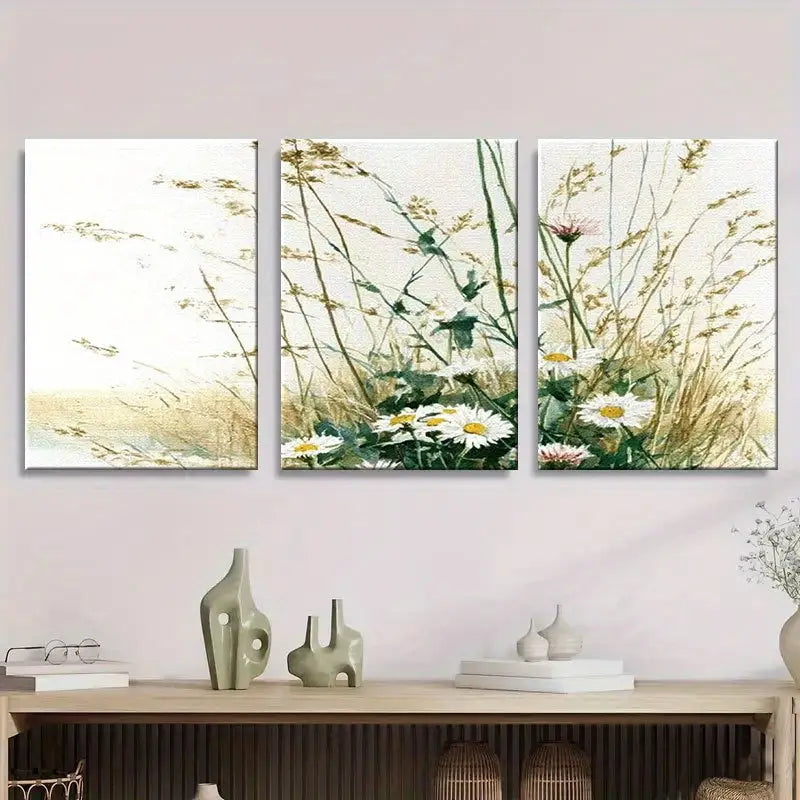 3pcs Watercolor Wild Grasses & Daisies Metal Print Ready to Hang Art