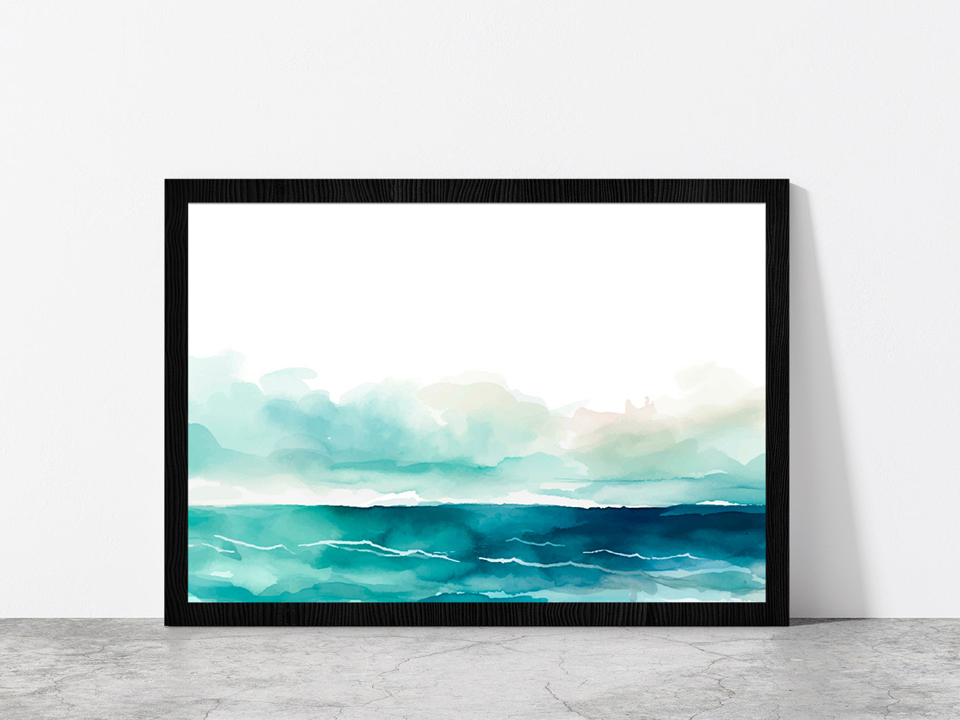 Seascape Watercolor Abstract Glass Framed Wall Art, Ready to Hang Quality Print Without White Border Black