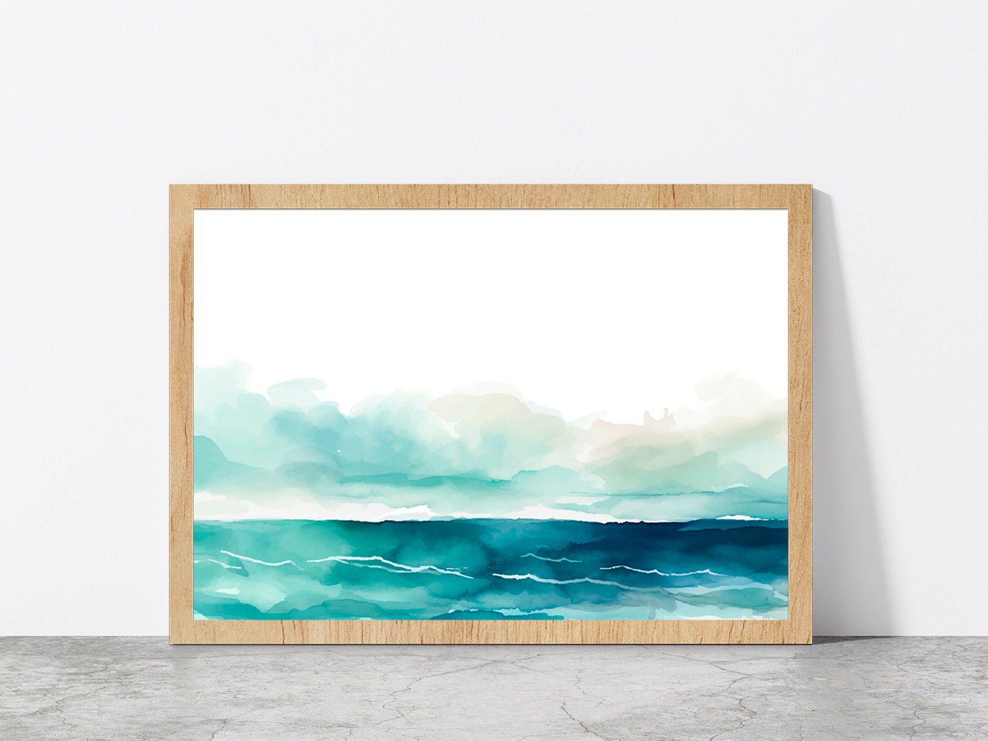 Seascape Watercolor Abstract Glass Framed Wall Art, Ready to Hang Quality Print Without White Border Oak