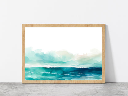 Seascape Watercolor Abstract Glass Framed Wall Art, Ready to Hang Quality Print Without White Border Oak