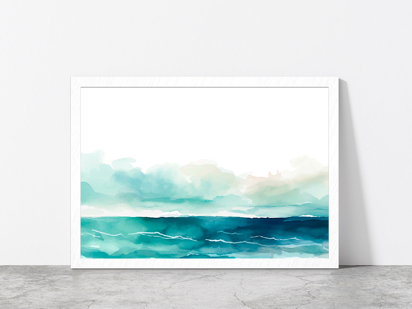 Seascape Watercolor Abstract Glass Framed Wall Art, Ready to Hang Quality Print Without White Border White