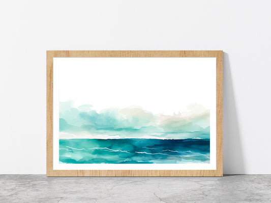 Seascape Watercolor Abstract Glass Framed Wall Art, Ready to Hang Quality Print With White Border Oak